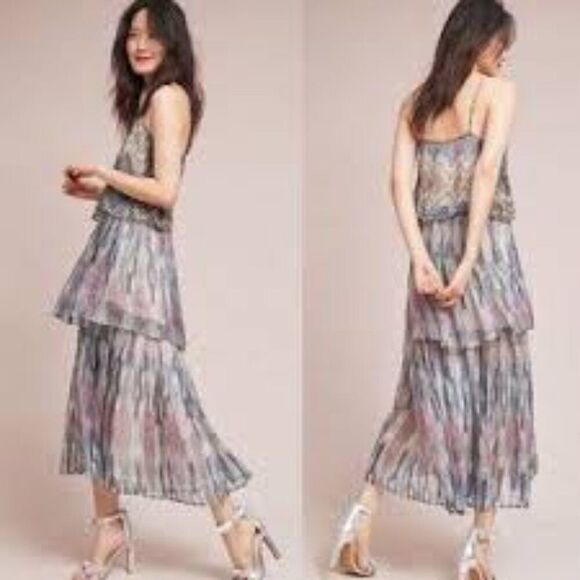 Anthropologie Meadow Rue Josie Metallic Lurex Stripe Tiered Maxi Dress Size 6 - Picture 1 of 7